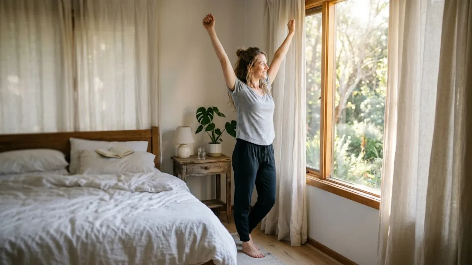A woman opening curtains to morning light