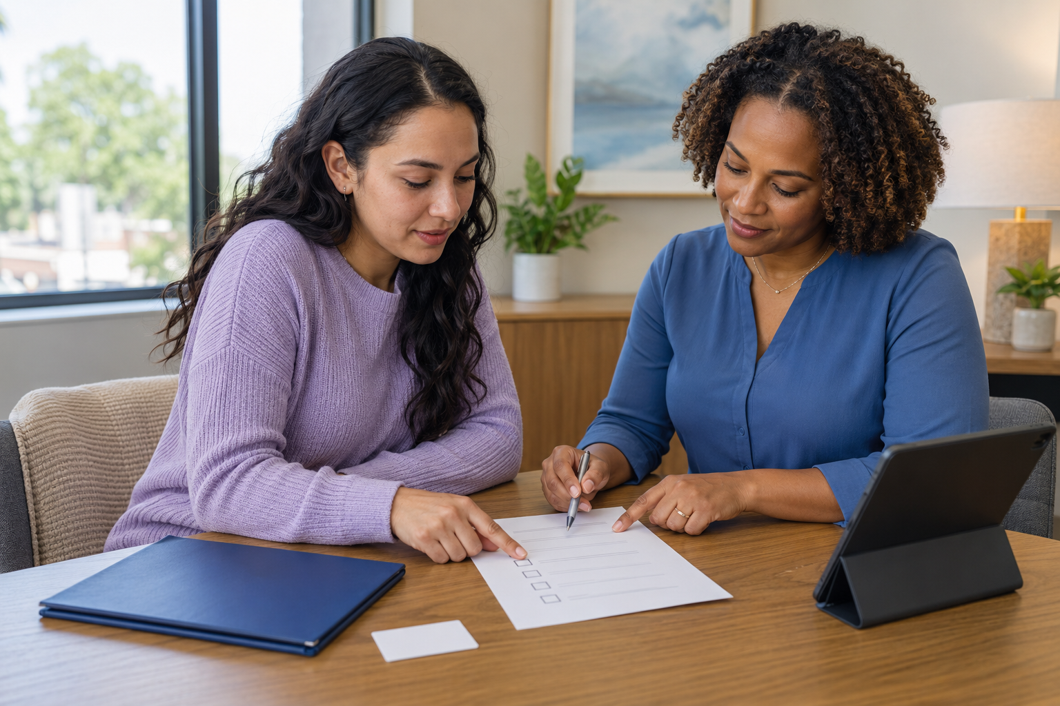 Texas patient reviewing a psychiatric prior-authorization checklist with a mental-health professional