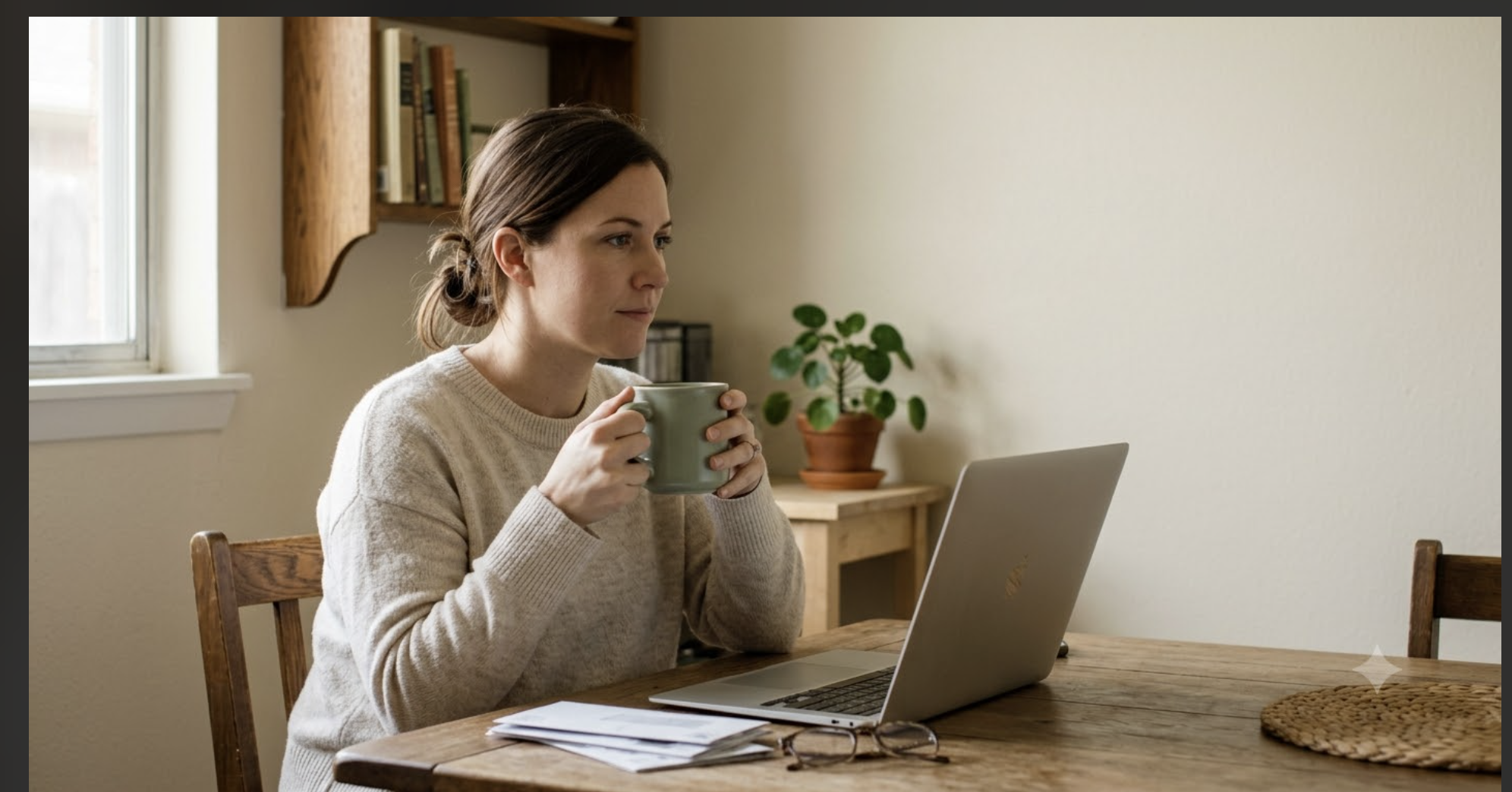 Woman comparing online psychiatry options on a laptop at a kitchen table in a Texas home