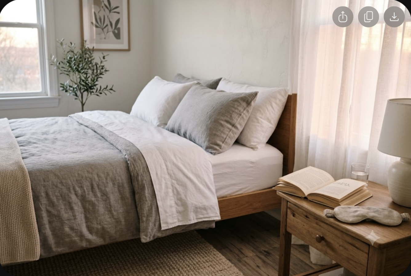 Serene tidy bedroom at sunrise with a neatly made bed, open book and sleep mask on the nightstand, the calm restorative sleep CBT-I insomnia treatment rebuilds