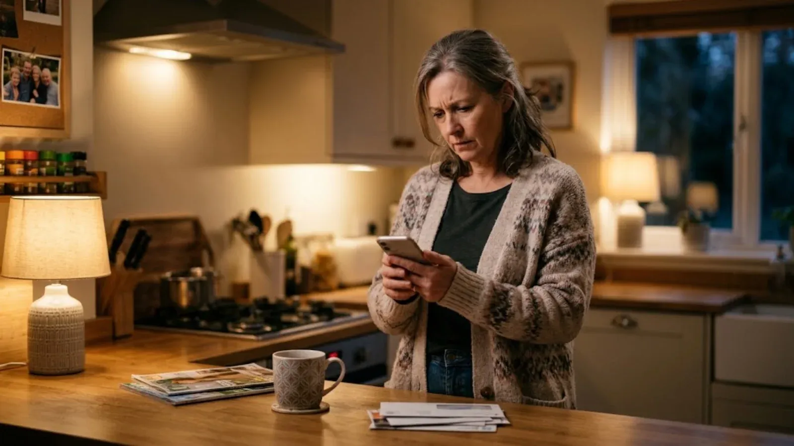 A mother in her kitchen in the evening looking at her phone with a worried expression