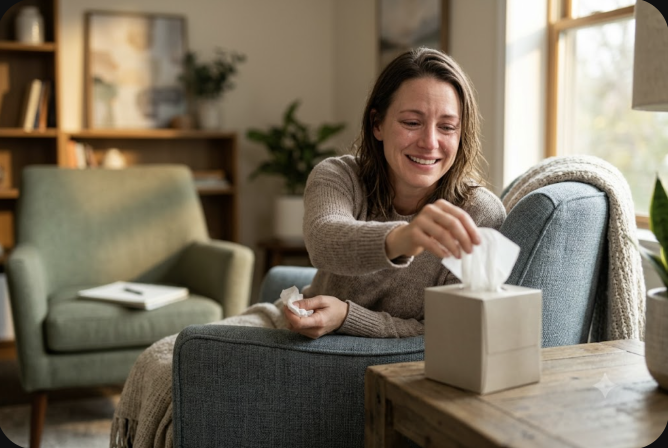 Woman reaching for a tissue in a warm therapy office while smiling through tears with relief, the normal and healing experience of crying in therapy