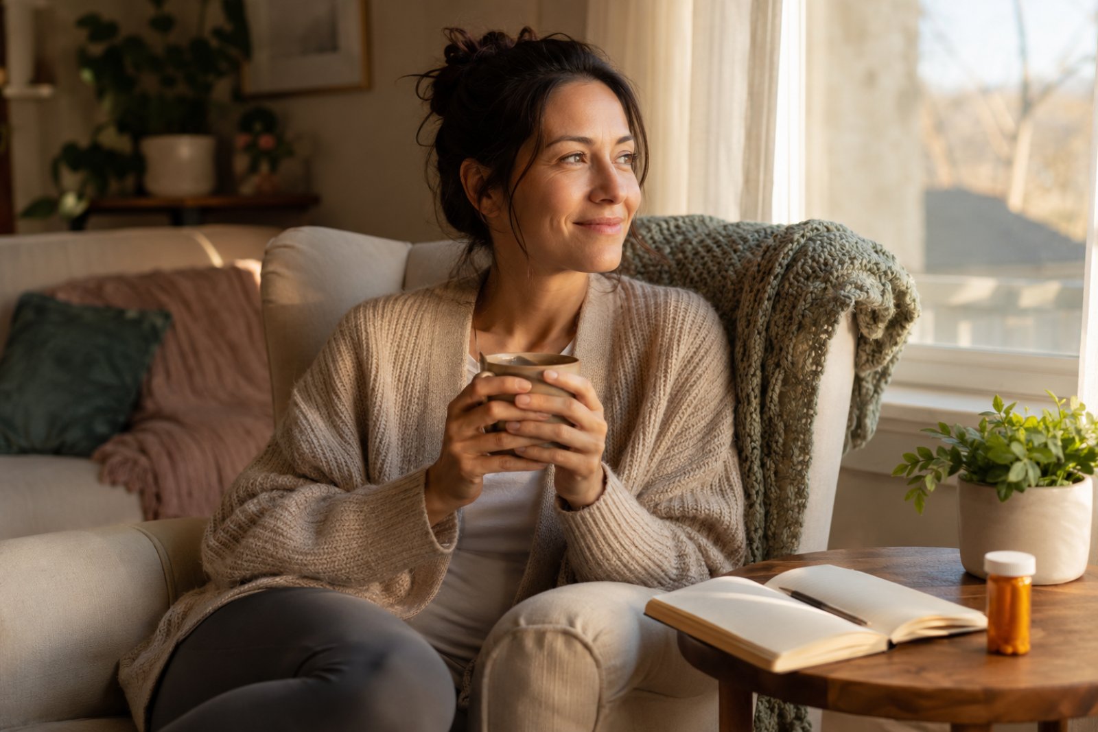Woman sitting by a bright window with a cup of tea, calm and present, journal and a single prescription bottle on the side table, feeling like herself again on an antidepressant without emotional numbness
