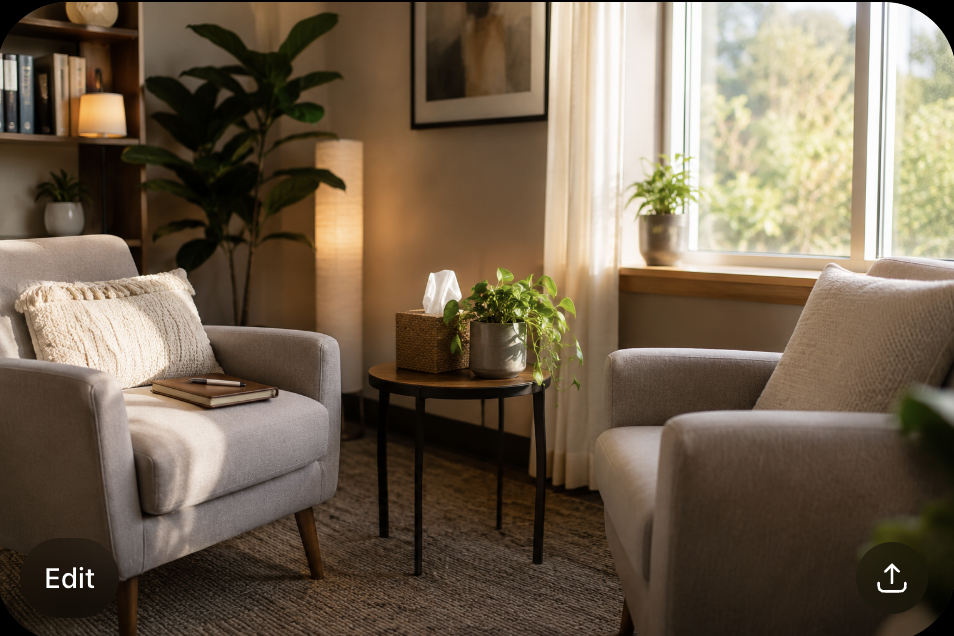 Cozy therapy office with two facing armchairs in warm afternoon light, tissues and a green plant on a side table, ready for a first therapy session