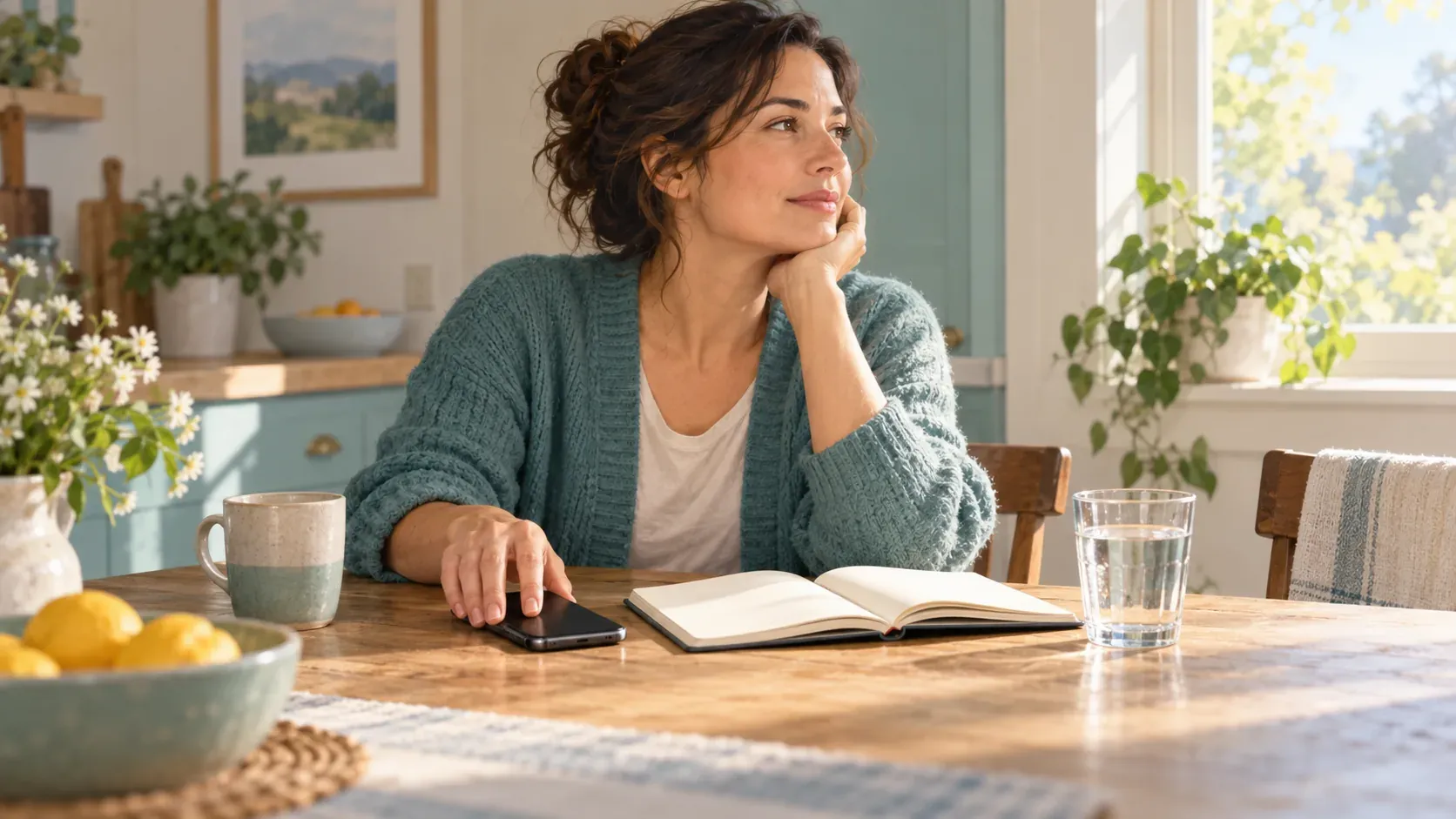 Woman rests her hand on a phone beside an open notebook at a sunlit kitchen table.