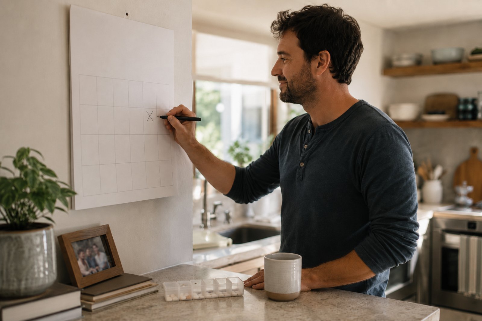 Man in his 30s marking a day on a wall calendar in a sunny kitchen with a weekly pill organizer and coffee beside him, tracking how long Lexapro takes to work