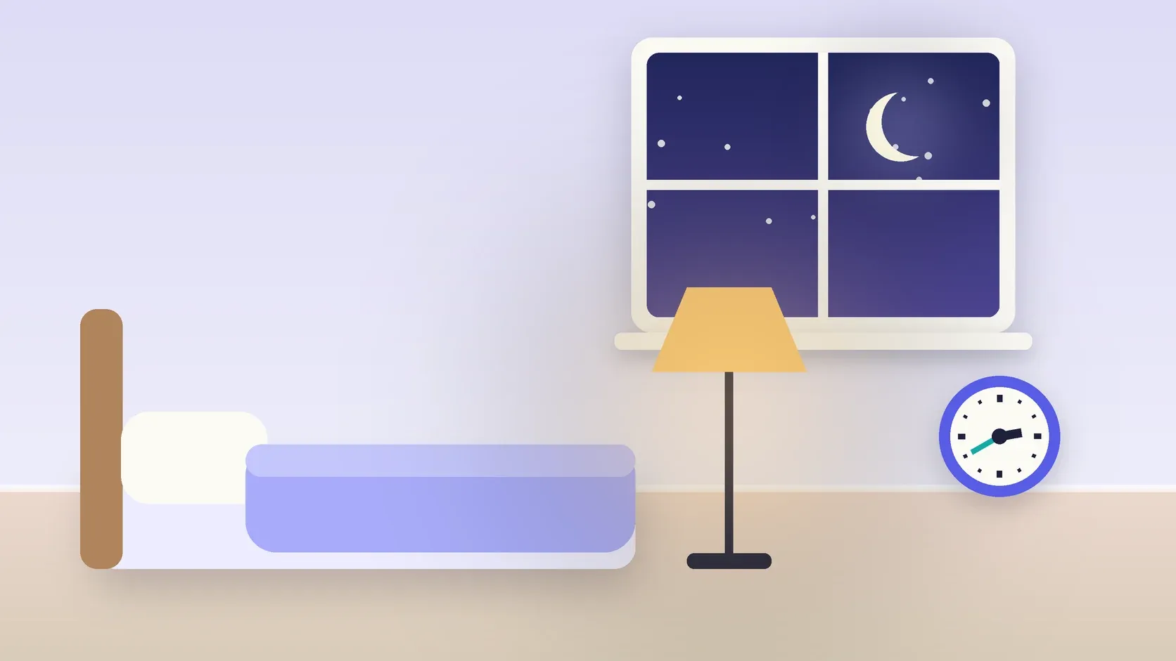 Illustration of a bedroom at night with a crescent moon in the window, a made bed, a glowing lamp and a clock