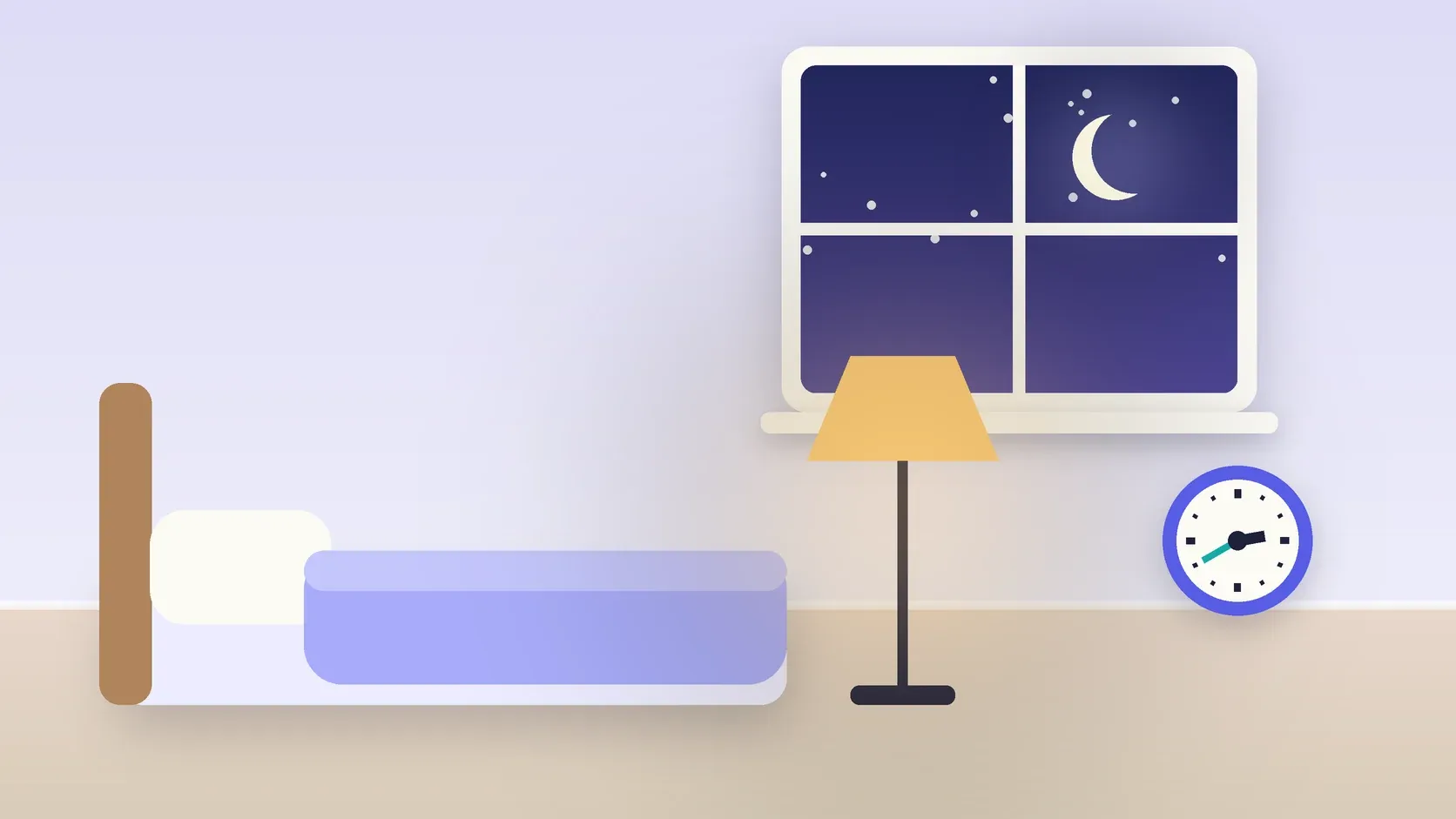 Illustration of a bedroom at night with a crescent moon in the window, a made bed, a glowing lamp and a clock