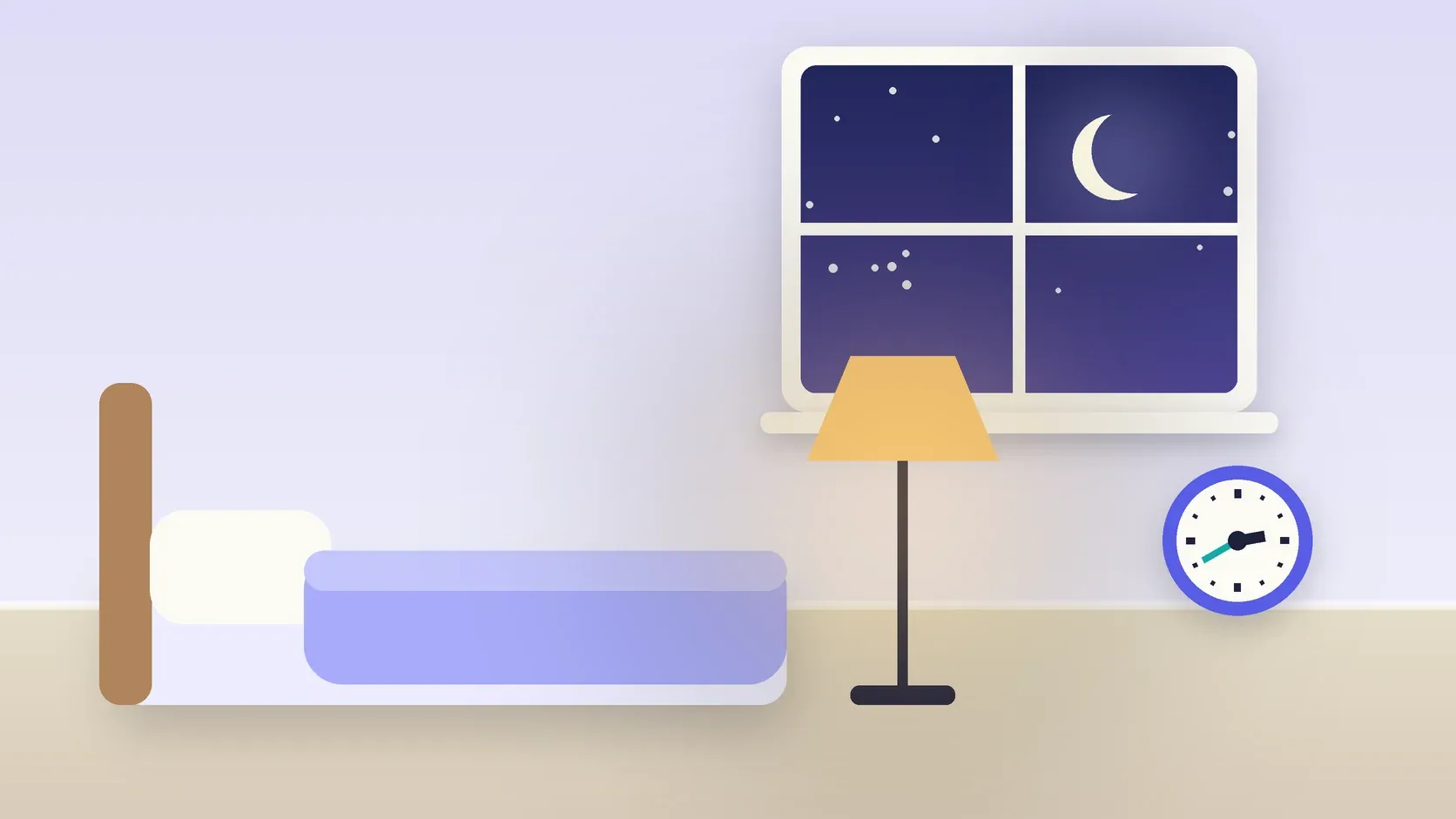 Illustration of a bedroom at night with a crescent moon in the window, a made bed, a glowing lamp and a clock