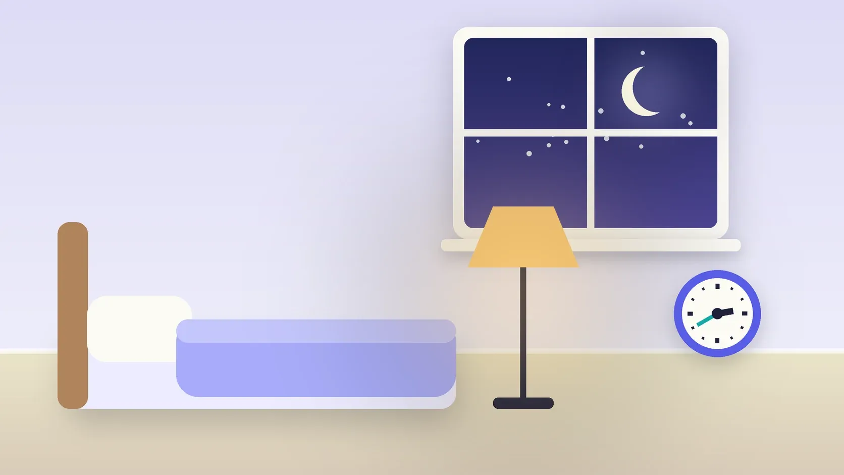 Illustration of a bedroom at night with a crescent moon in the window, a made bed, a glowing lamp and a clock