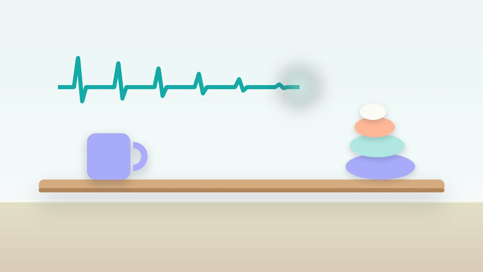 Illustration of a heartbeat line settling into a calm curve above a desk with balanced stones and a mug