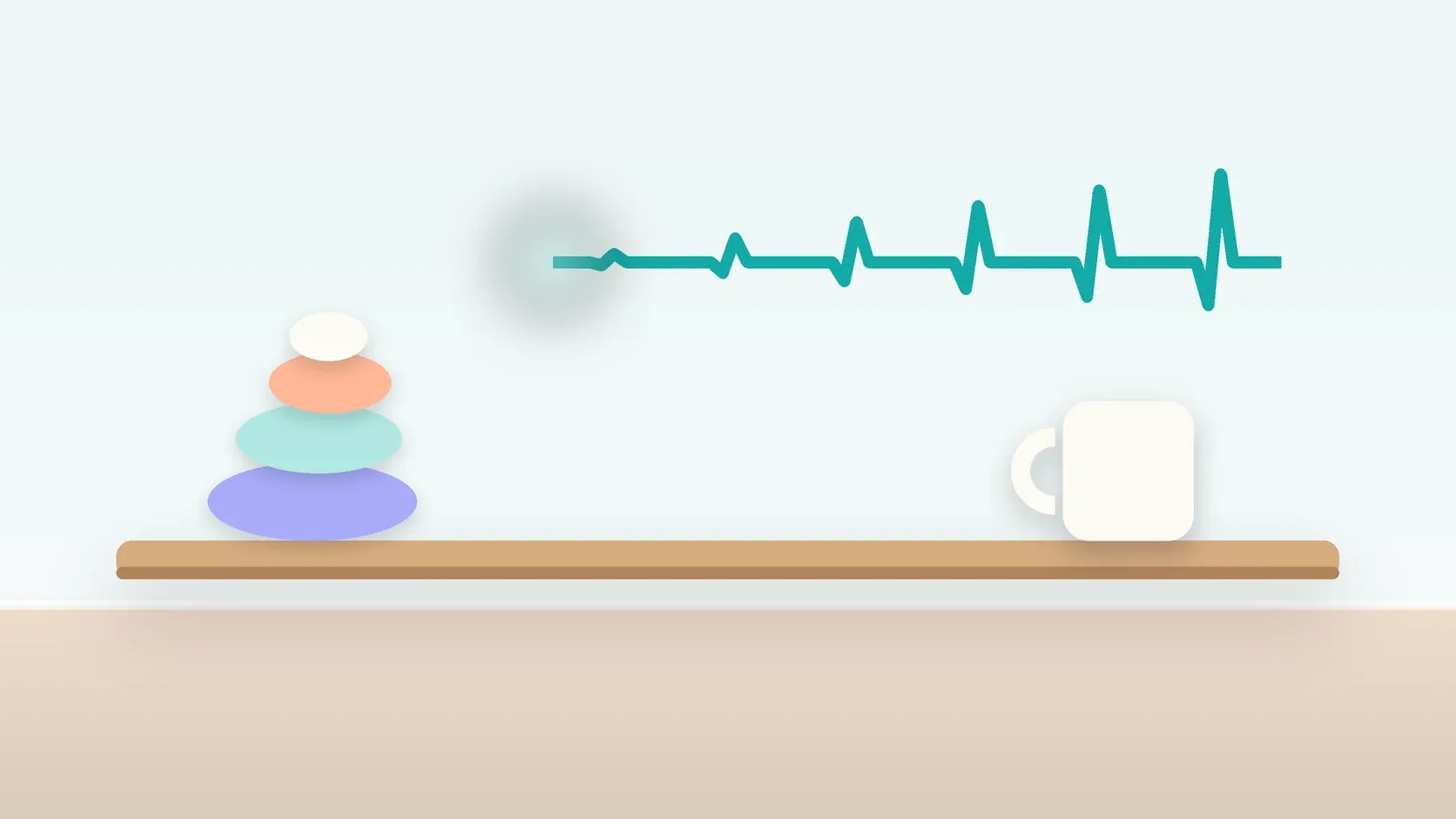 Illustration of a heartbeat line settling into a calm curve above a desk with balanced stones and a mug