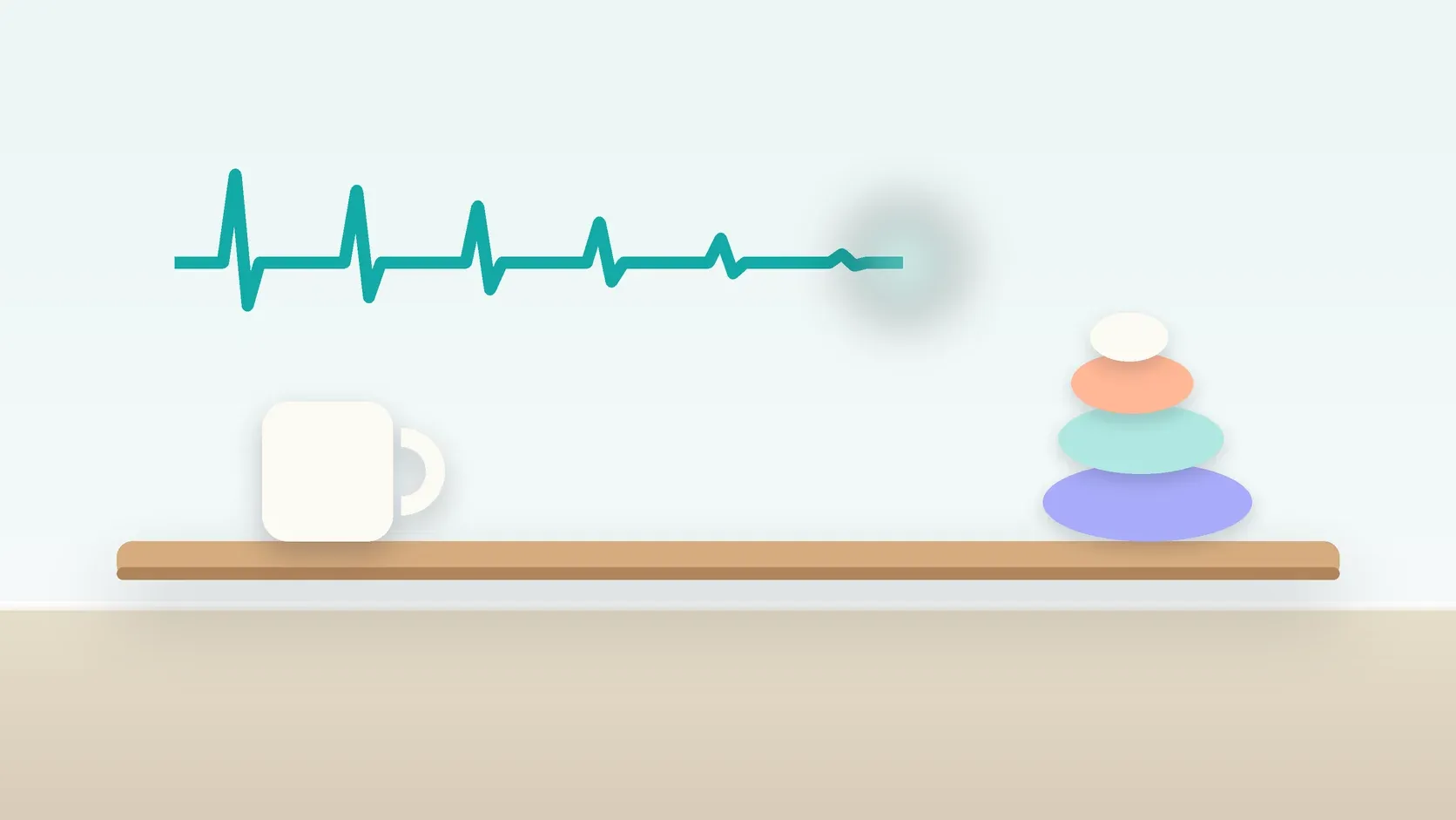 Illustration of a heartbeat line settling into a calm curve above a desk with balanced stones and a mug