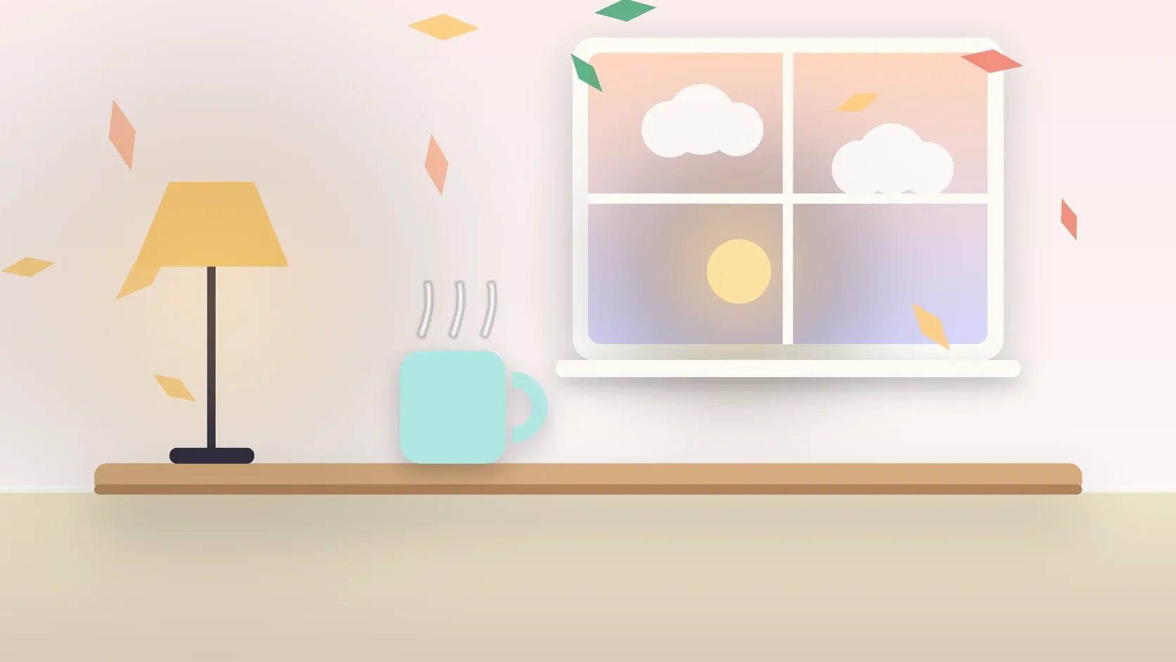 Illustration of autumn leaves drifting past a window at low sun, with a glowing lamp and a mug on a desk