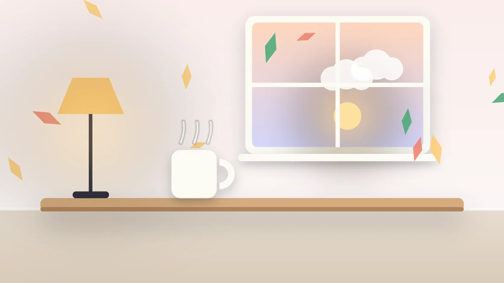 Illustration of autumn leaves drifting past a window at low sun, with a glowing lamp and a mug on a desk