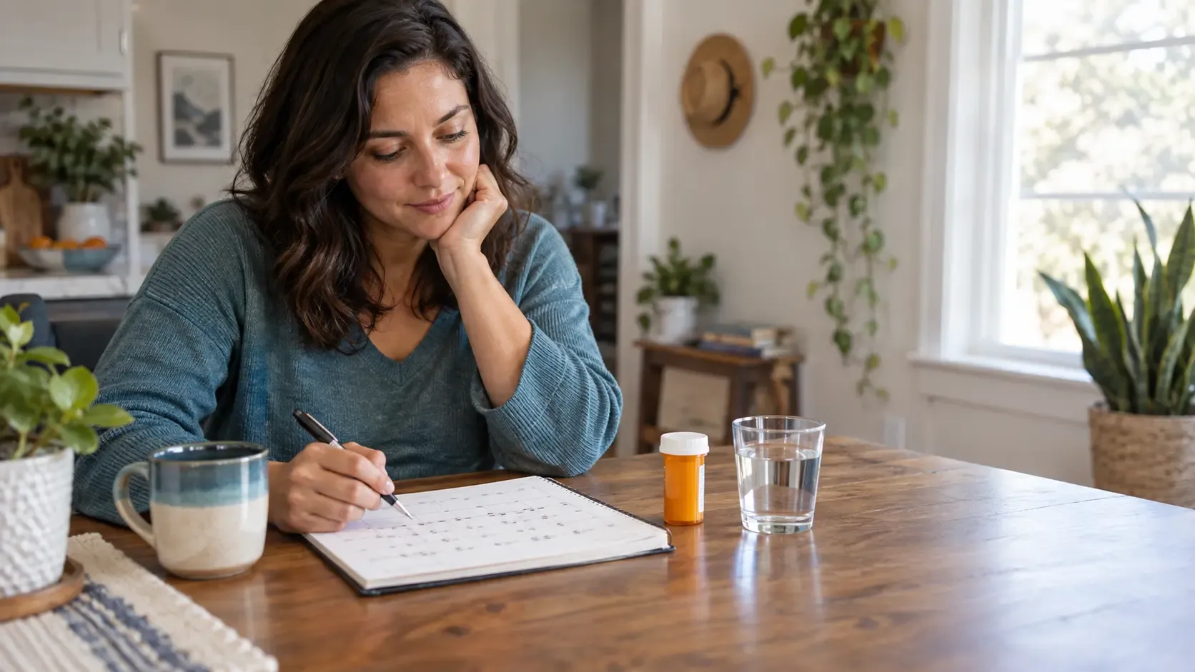 Adult reviews a symptom calendar beside a closed prescription bottle and a glass of water at a sunlit table.