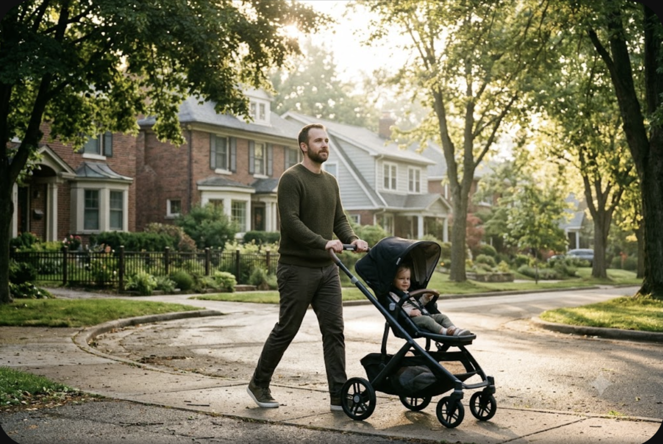 Father pushing a stroller through a leafy neighborhood at sunrise, calm and steady on a morning walk, recovering from paternal postpartum depression