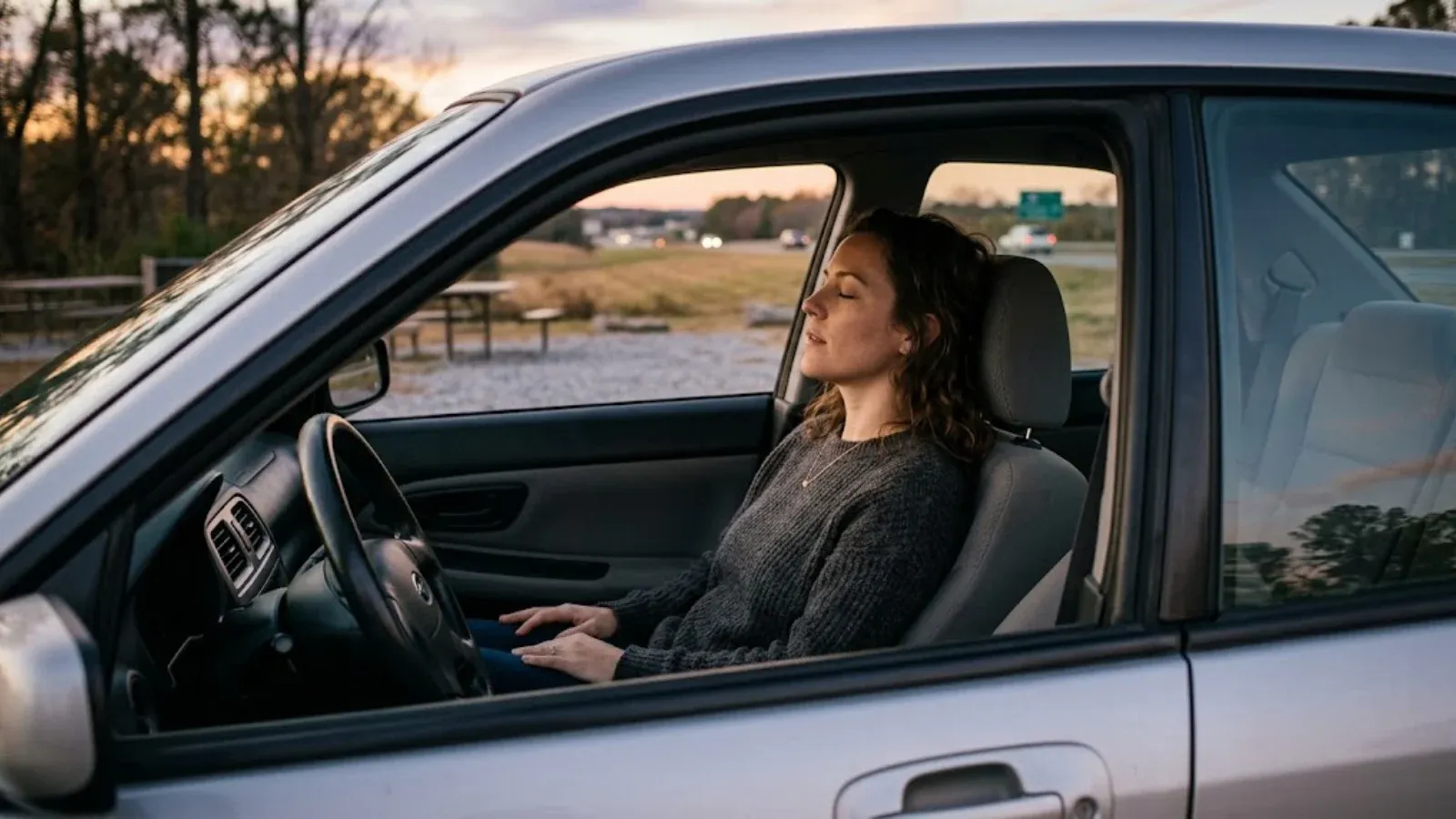 A woman taking a slow breath in a parked car at a highway rest area at dusk