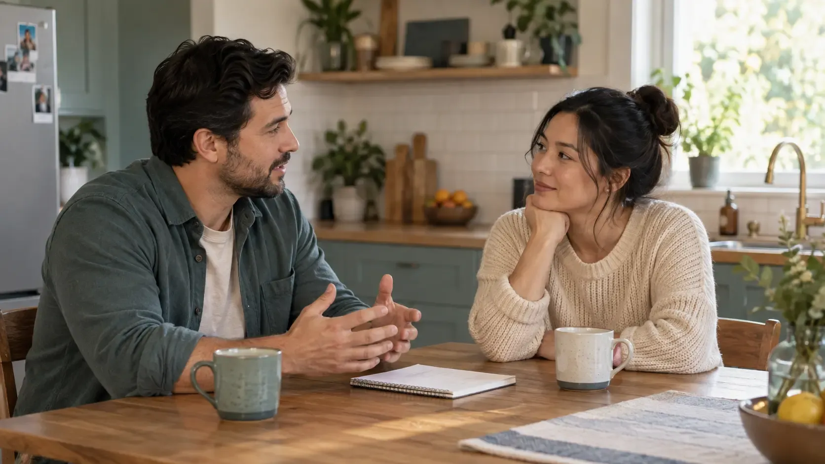 Two adults sit at a kitchen table having a calm conversation beside a notebook and two mugs.