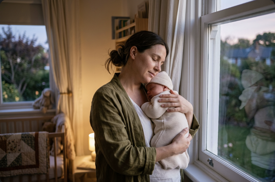 Mother holding her sleeping newborn by a softly lit nursery window at dusk, calm and protective after getting help for perinatal OCD intrusive thoughts