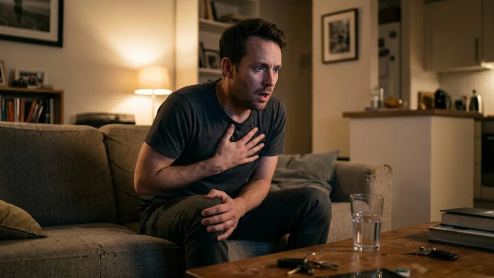 Man leaning forward on his sofa with a hand on his chest, eyes wide and breathing fast as panic sets in
