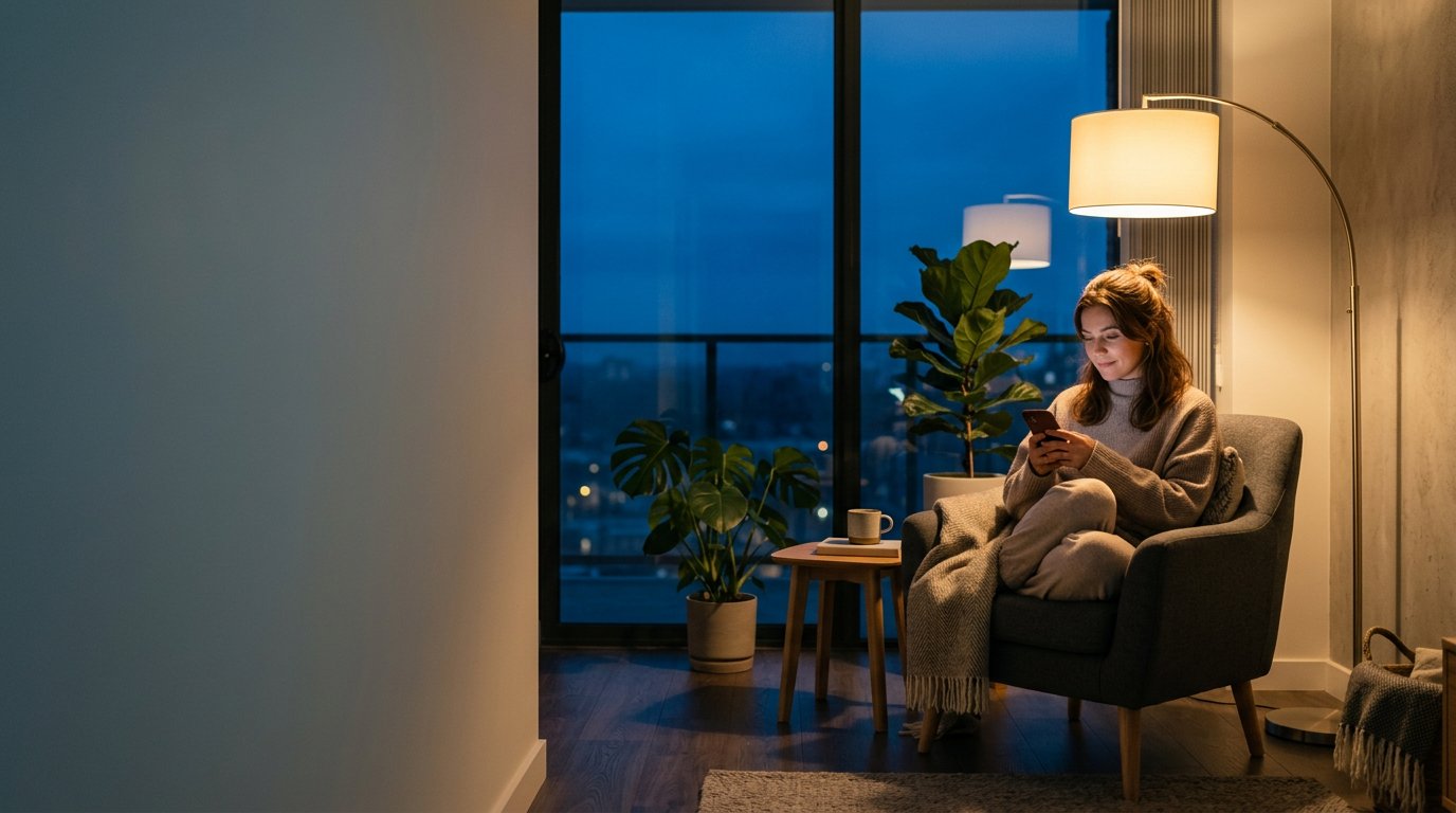 Woman booking a same-week telehealth psychiatry appointment on her phone in the evening