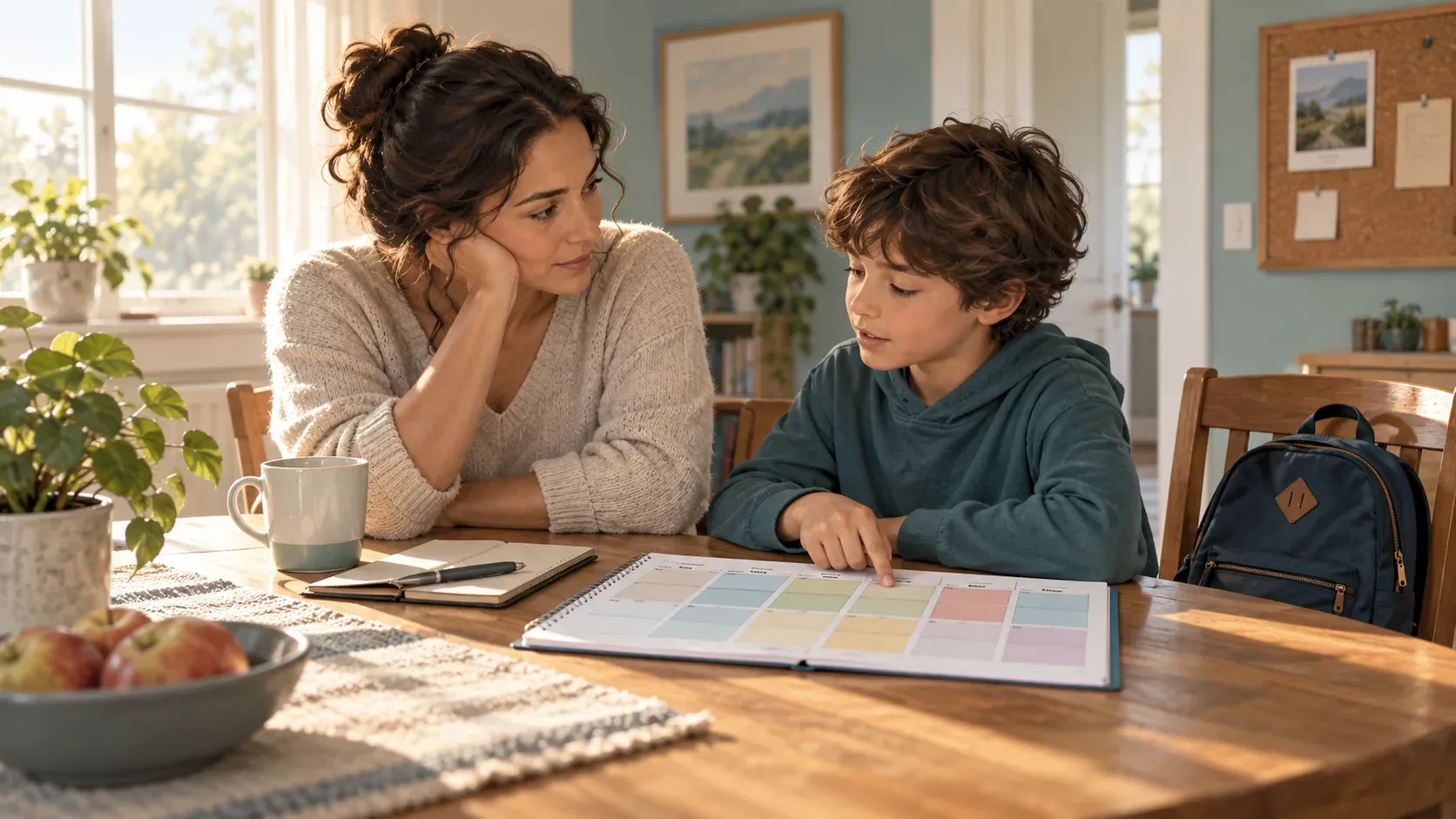 Parent listens as a child points to a weekly planner beside a backpack at a kitchen table.