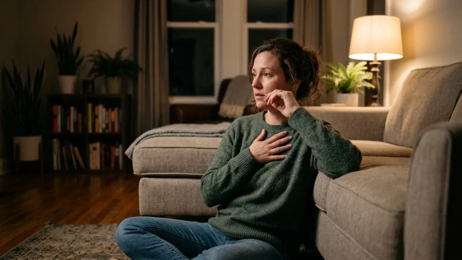 A woman sitting on the floor breathing through anxiety