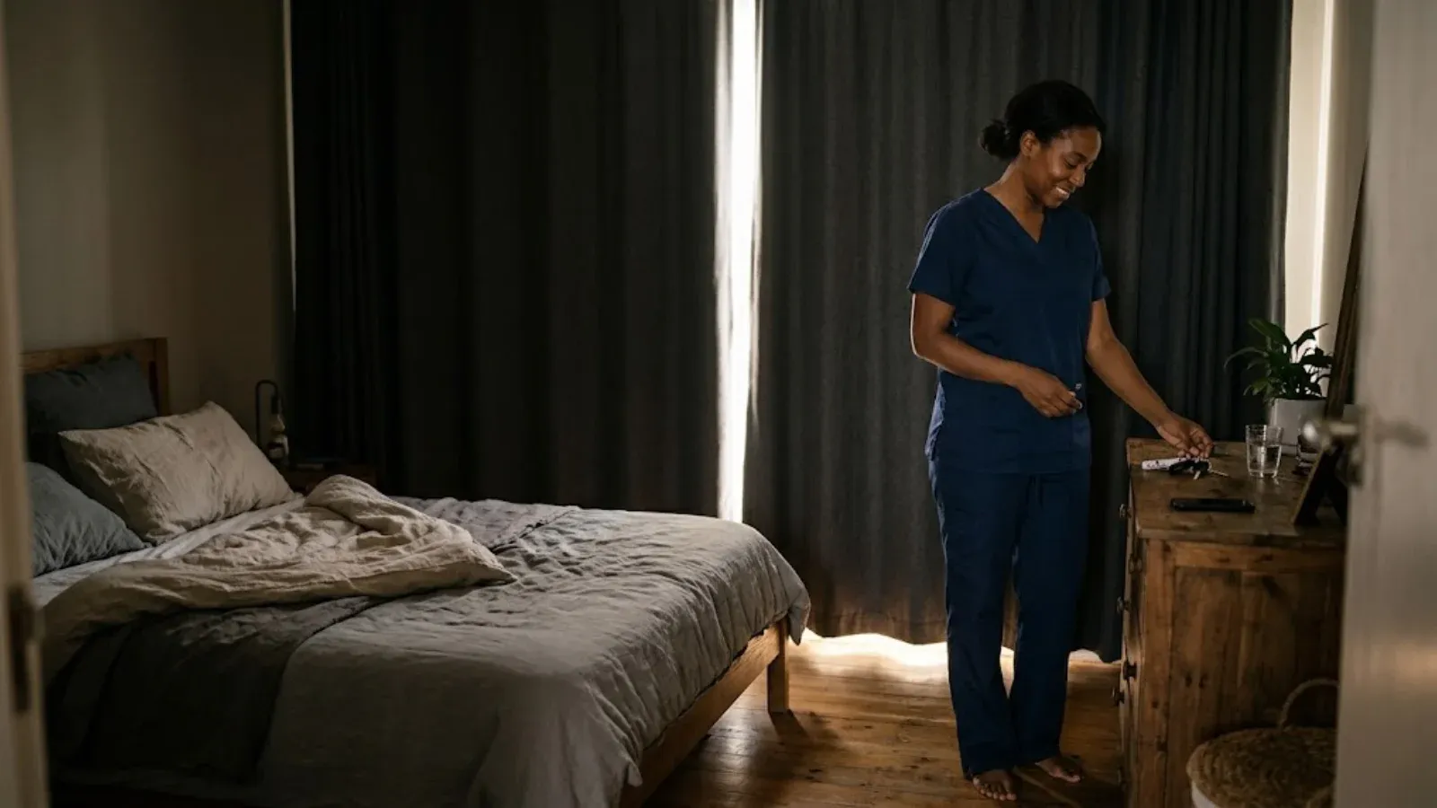 A nurse arriving home in late morning to a dim bedroom with blackout curtains