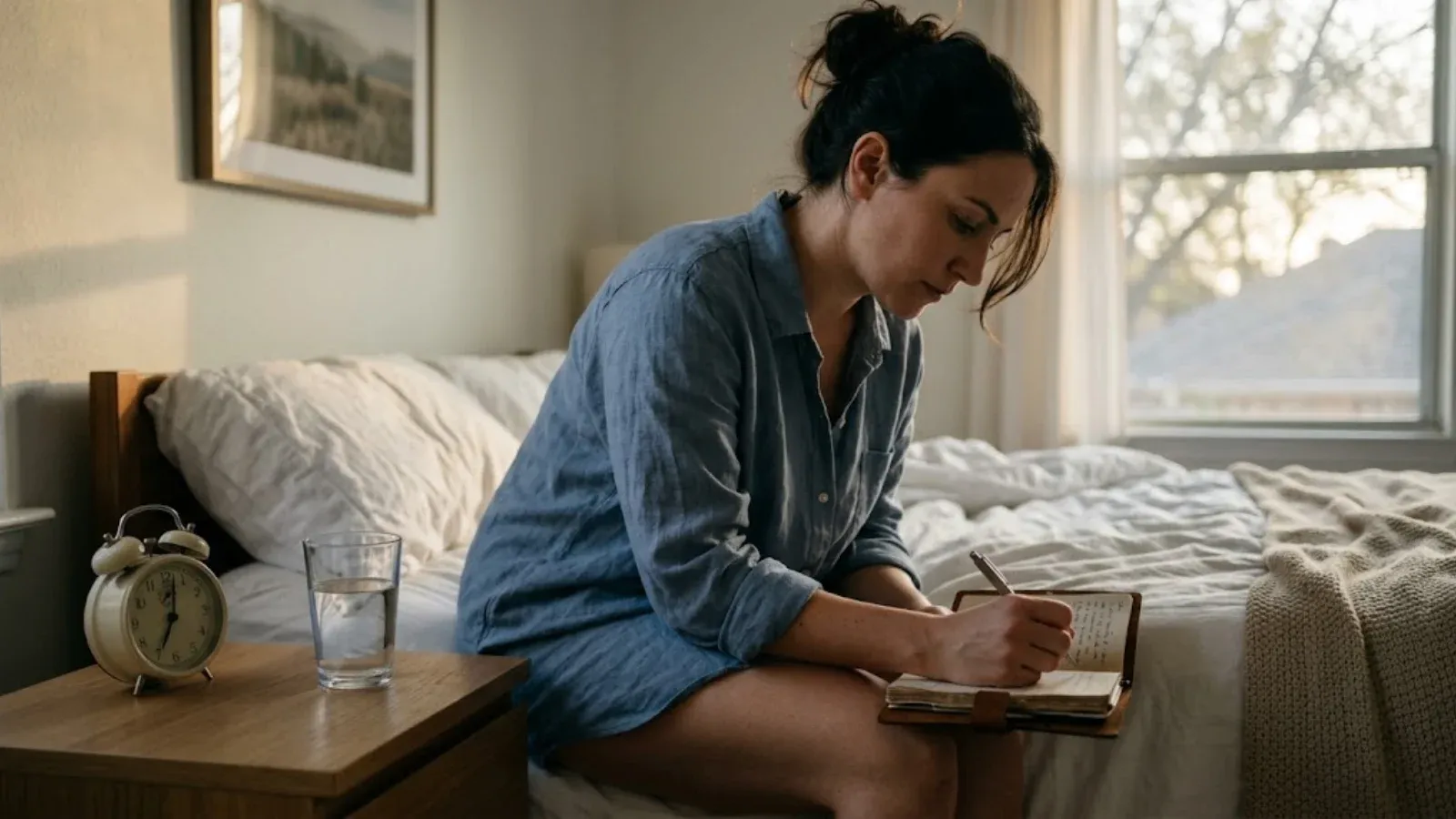 A woman sitting on the edge of her bed in the morning writing in a small notebook beside an alarm clock