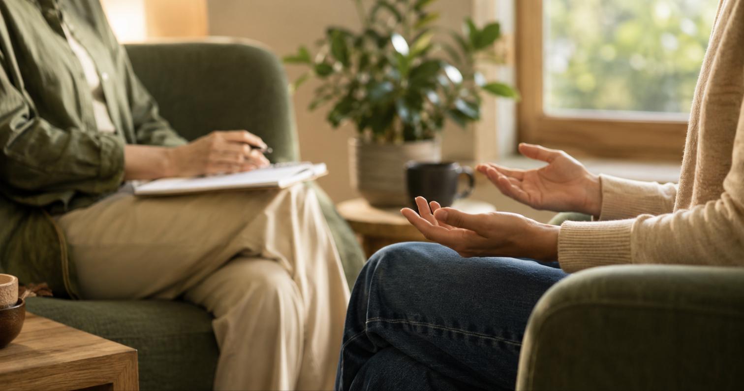 Close-up of a therapist with a notebook and a client talking in armchairs during an affordable therapy session in a warm Dallas office
