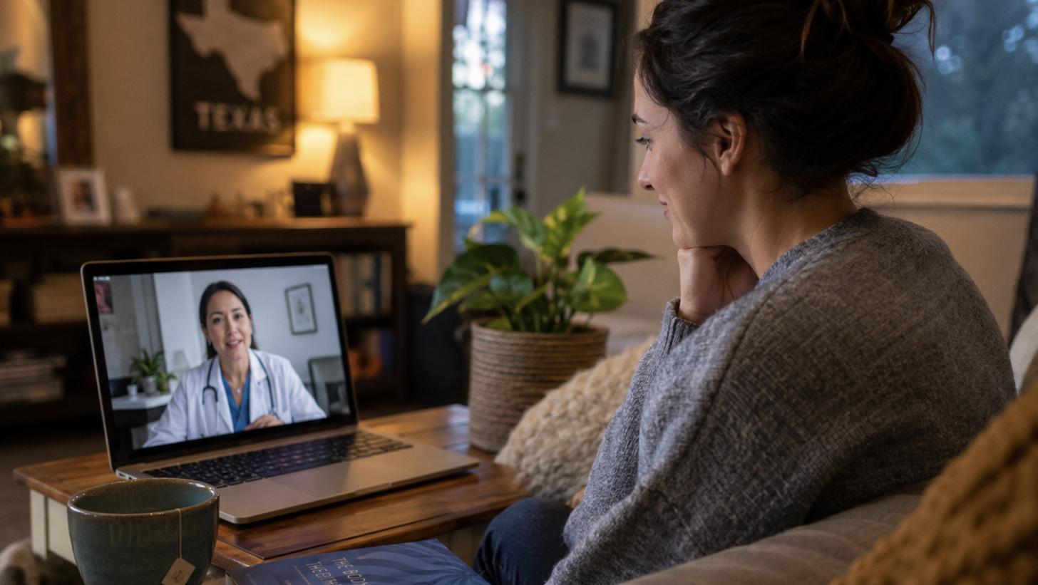 Woman relaxing on her couch at home during a telehealth video visit with an online psychiatrist in Texas