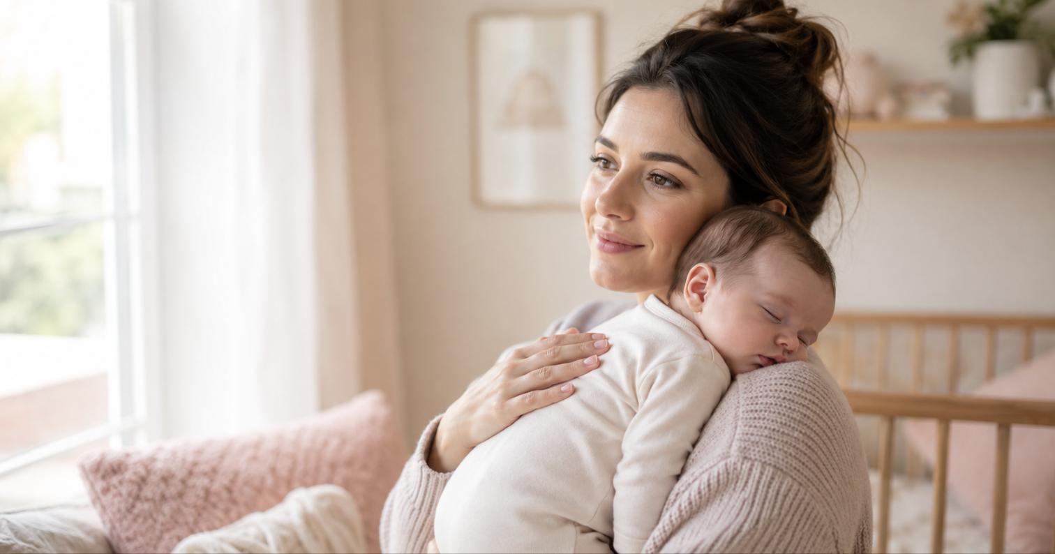 New mother holding her sleeping baby by a bright nursery window, calm and reassured about taking Zoloft while breastfeeding