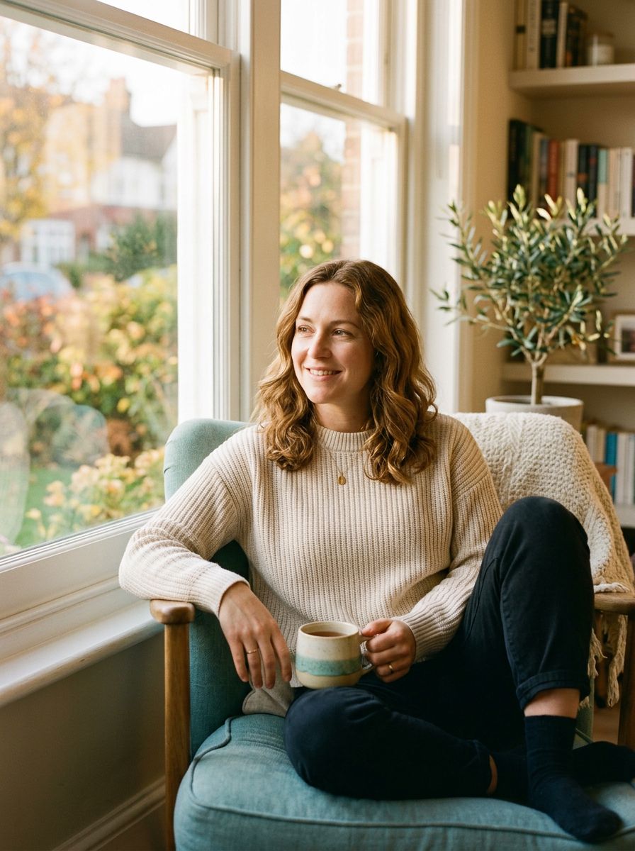 Person at ease by a window, tea in hand, after a therapy session