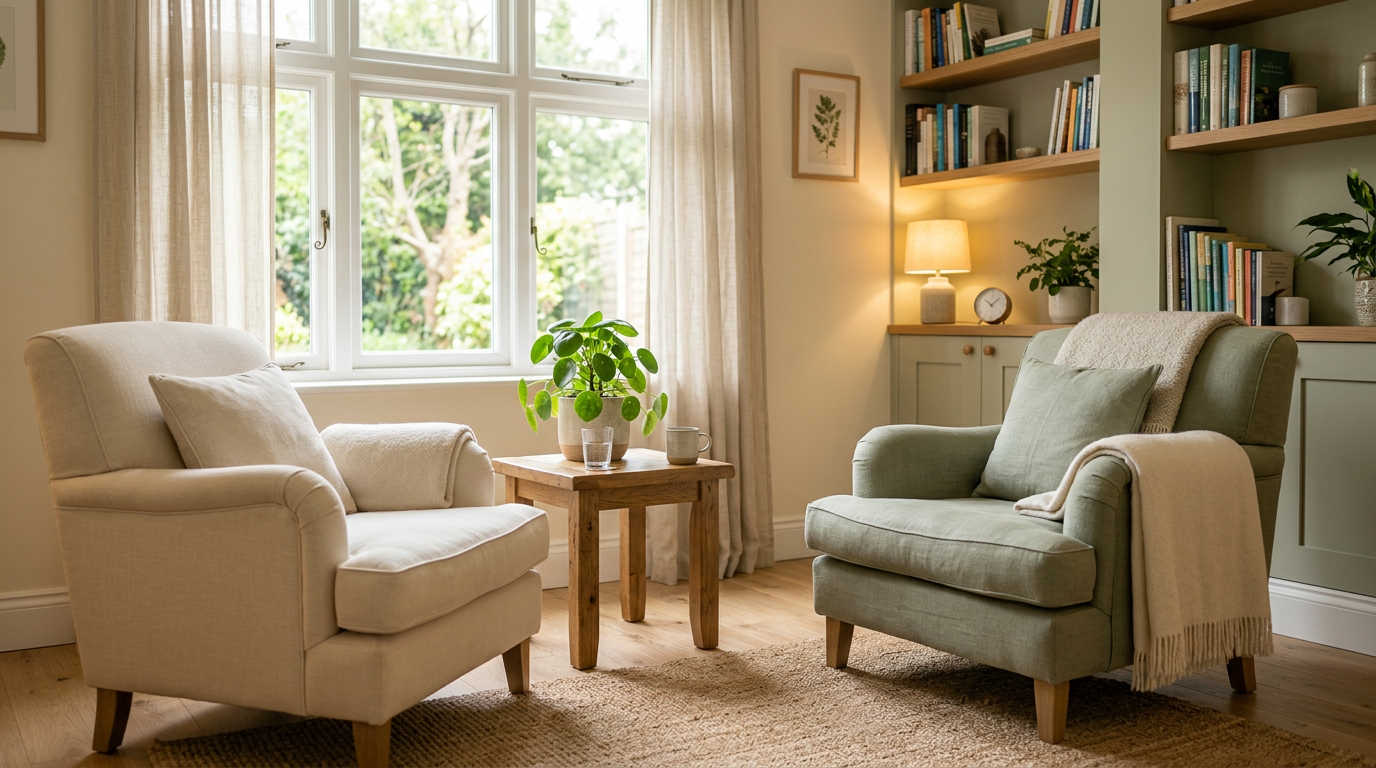 Warm, calm consultation room at the Lyte Psychiatry clinic
